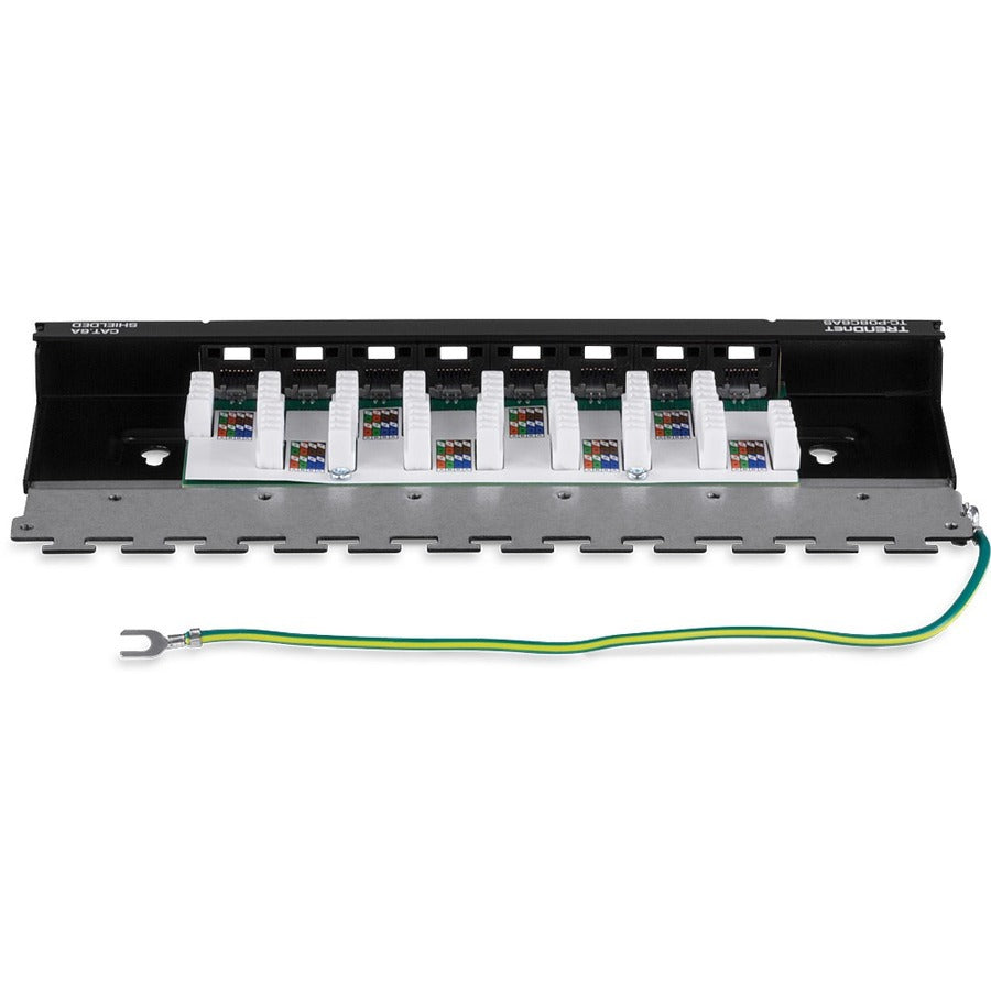 TRENDnet 8-Port Cat6A Shielded Patch Panel, Wall Mount Ready, 10G Ready, Cat5e,Cat6,Cat6A Compatible, Metal Housing, Color-Coded Labeling for T568A & T568B Wiring, Cable Management, Black, TC-P08C6AS