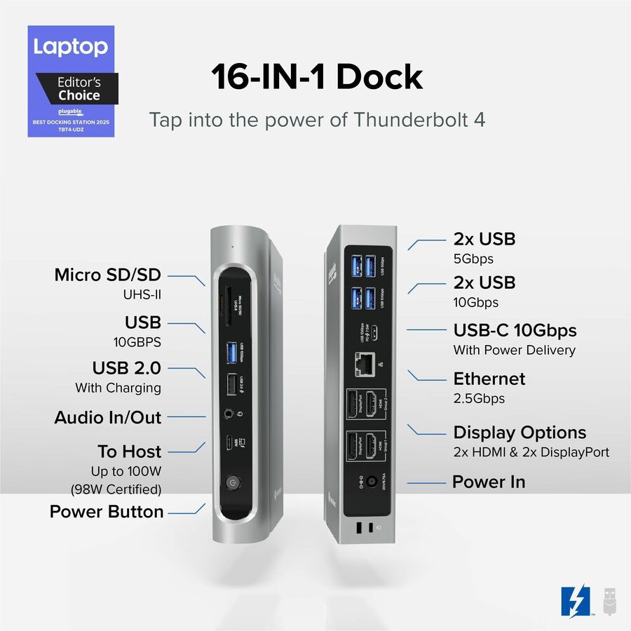 Plugable 16-in-1 Thunderbolt 4 Dock with 100W Charging, 4K Quad Monitor Setup for Thunderbolt 4 Windows Laptops — TBT4-UDZ