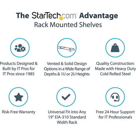 StarTech.com 2U Server Rack Cabinet Shelf - Fixed 18" Deep Cantilever Rackmount Tray for 19" Data/AV/Network Enclosure - Weight Cap. 125lbs/56kg — CABSHELFHD