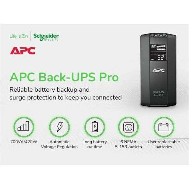 APC Back-UPS Pro, 700VA/420W, Tower, 120V, 6x NEMA 5-15R outlets, AVR, LCD, User Replaceable Battery — BR700G