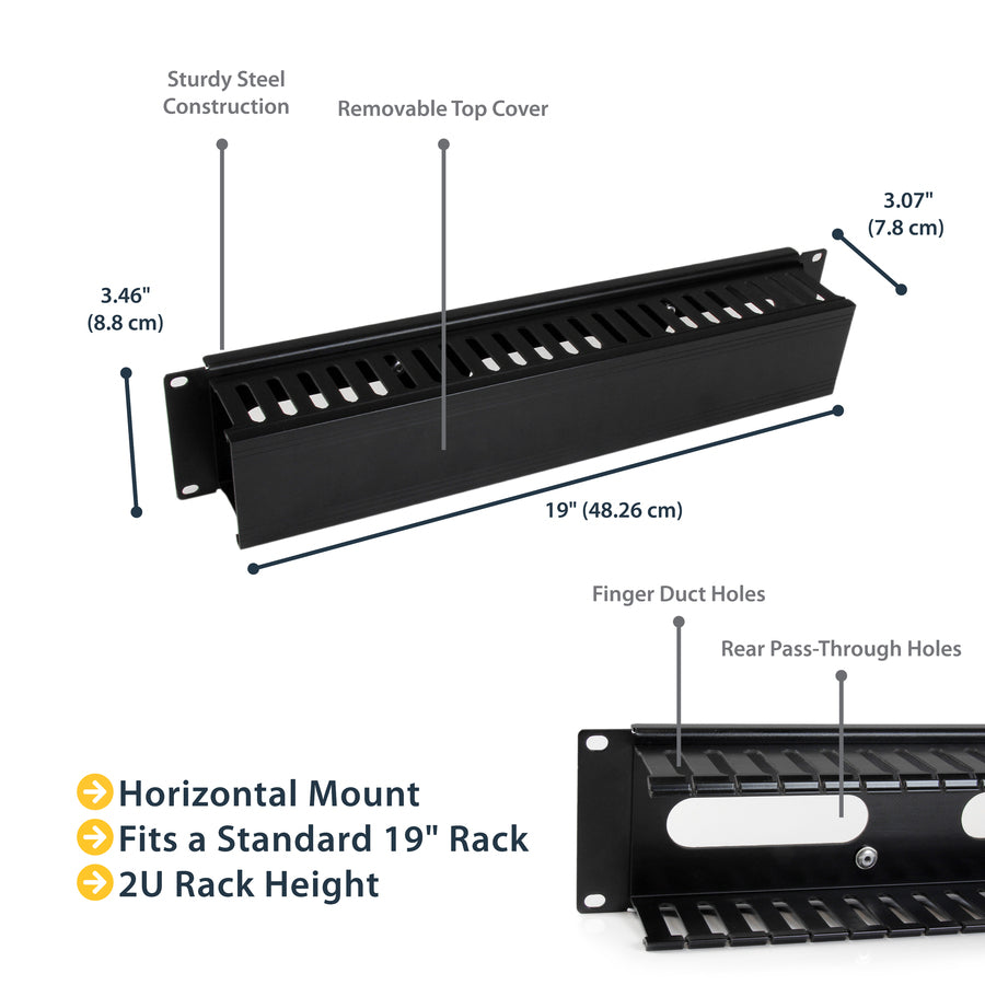 StarTech.com 2U Horizontal Finger Duct Rack Cable Management Panel with Cover — CMDUCT2U