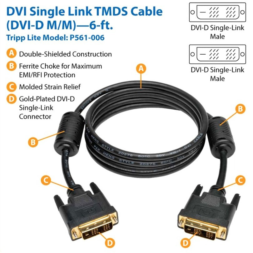Eaton Tripp Lite Series DVI Single Link Cable, Digital TMDS Monitor Cable (DVI-D M/M), 6 ft. (1.83 m) — P561-006