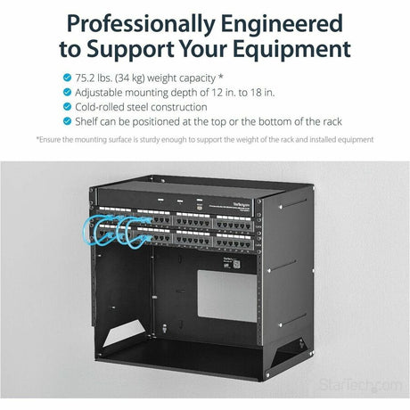 StarTech.com 2-Post 8U Open Frame Wall Mount Network Rack with Built-in Shelf and Adjustable Depth, Computer Rack for IT Equipment, TAA~ — WALLSHELF8U