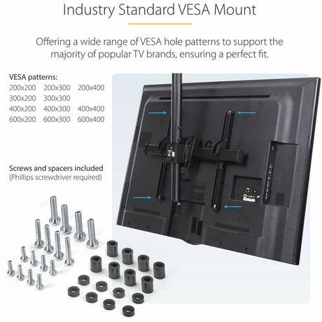 StarTech.com TV Ceiling Mount, Full-Motion Hanging Single Screen Vesa Mount for 32"-75" TVs / Displays - Height Adjustable Telescopic Pole — FLATPNLCEIL