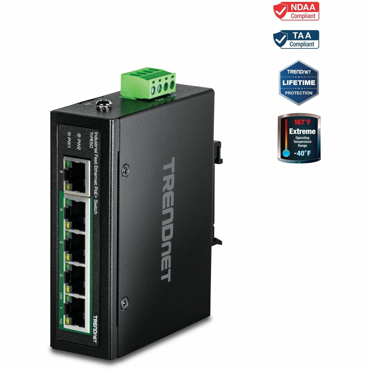 TRENDnet 5-Port Industrial Fast Ethernet DIN-Rail Switch, TI-PE50, Ethernet Splitter, NDAA & TAA Compliant, 90W, DIN-Rail, IP30 Rated, Lifetime Protection, Black — TI-PE50