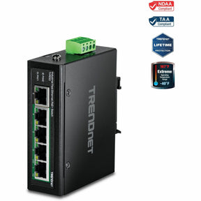 TRENDnet 5-Port Industrial Fast Ethernet DIN-Rail Switch, TI-PE50, Ethernet Splitter, NDAA & TAA Compliant, 90W, DIN-Rail, IP30 Rated, Lifetime Protection, Black — TI-PE50