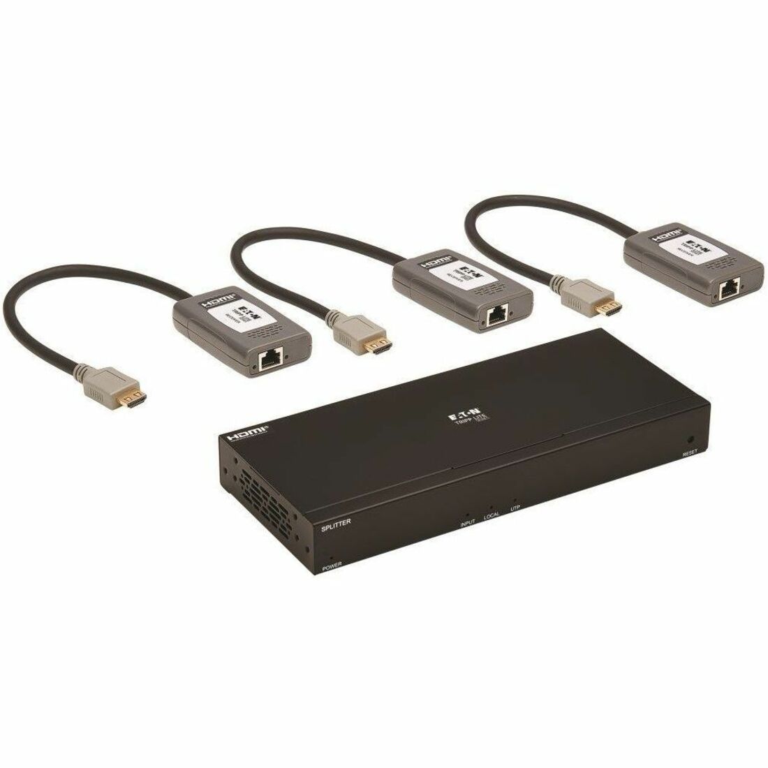 Eaton Tripp Lite Series 4-Port HDMI over Cat6 Extender Kit, Splitter/3x Pigtail Receivers - 4K 60 Hz, HDR, 4:4:4, PoC, 230 ft. (70.1 m), TAA — B127A-004-BHPH3