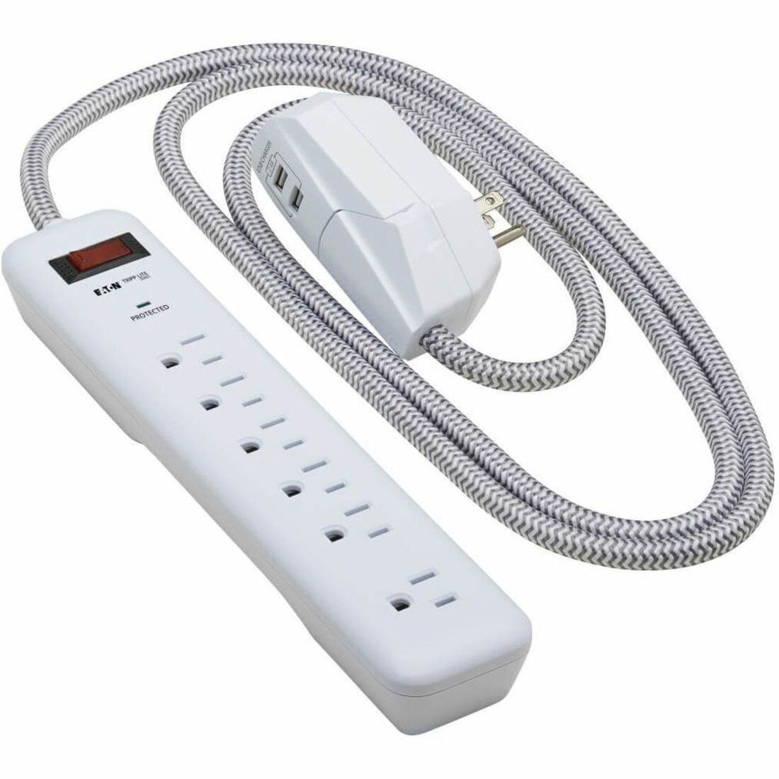 Eaton Tripp Lite Series 7-Outlet Surge Protector - 6 on strip/1 in detachable plug, 2 USB Ports (2.4A Shared), Detachable Charger Plug, 6 ft. Cord, 5-15P Plug, 900 Joules, White — TLP616USB