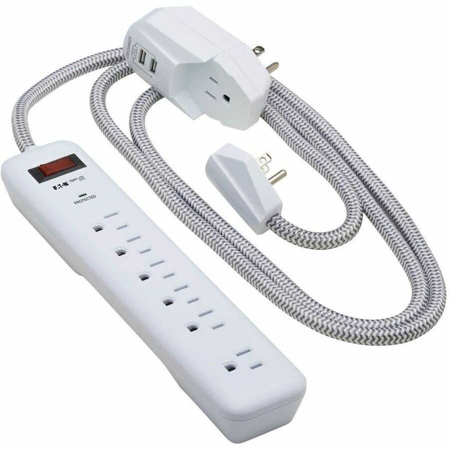 Eaton Tripp Lite Series 7-Outlet Surge Protector - 6 on strip/1 in detachable plug, 2 USB Ports (2.4A Shared), Detachable Charger Plug, 6 ft. Cord, 5-15P Plug, 900 Joules, White — TLP616USB