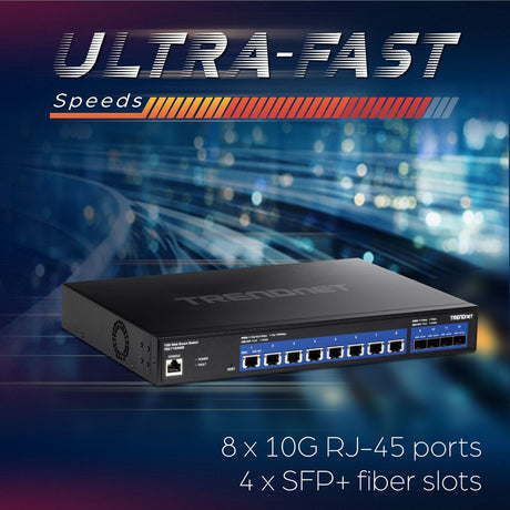 TRENDnet 12-Port 10G Web Smart Switch, TEG-7124WS, 8 x 10G RJ-45 Ports, 4 x SFP+ Slots, Ethernet Splitter, NDAA & TAA Compliant, Rack Mountable Housing, Lifetime Protection, Black — TEG-7124WS