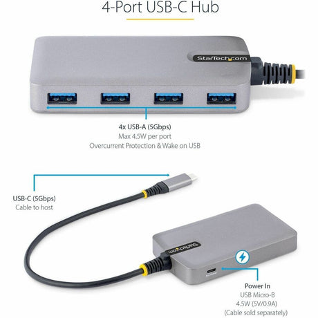 StarTech.com 4-Port USB-C Hub, 5Gbps, Bus Powered, 4x USB-A Ports, Optional Auxiliary Power, Portable USB Type-C Hub, 1ft/30cm Cable — 5G4AB-USB-C-HUB
