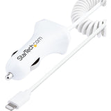 StarTech.com Lightning Car Charger with Coiled Cable, 1m Built-in Cable, 12W, White, 2 Port USB Car Charger Adapter, In Car iPhone Charger — USBLT2PCARW2