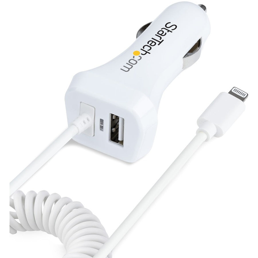 StarTech.com Lightning Car Charger with Coiled Cable, 1m Built-in Cable, 12W, White, 2 Port USB Car Charger Adapter, In Car iPhone Charger — USBLT2PCARW2