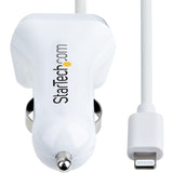 StarTech.com Lightning Car Charger with Coiled Cable, 1m Built-in Cable, 12W, White, 2 Port USB Car Charger Adapter, In Car iPhone Charger — USBLT2PCARW2