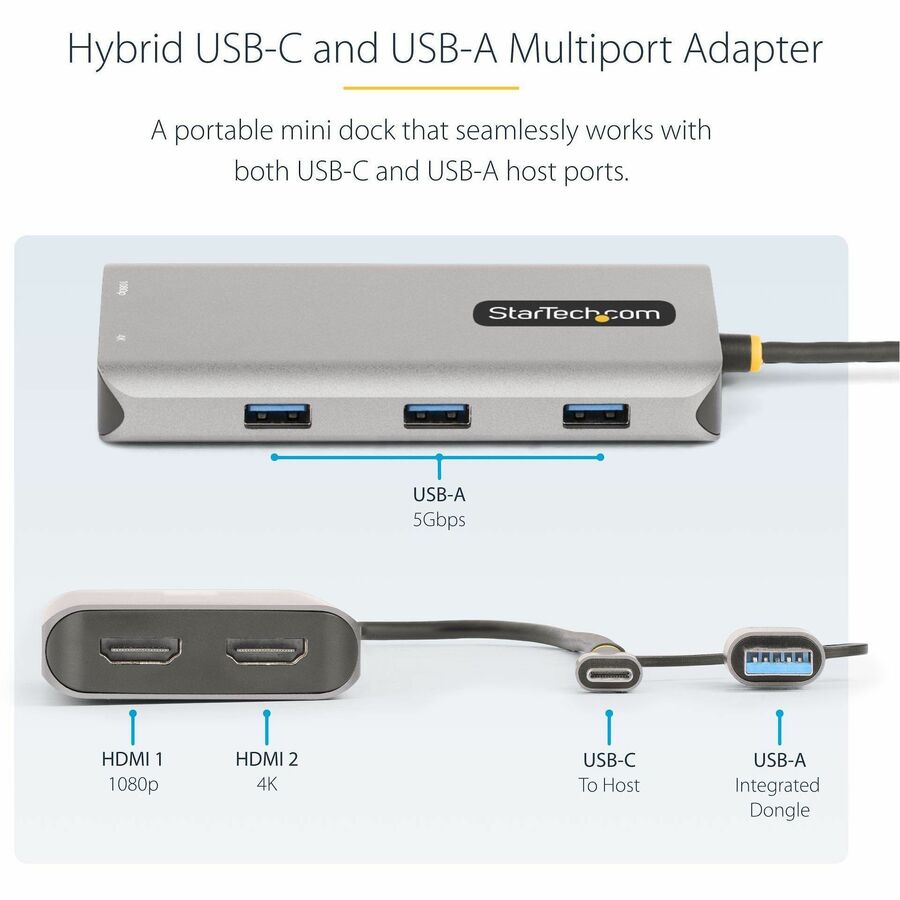 StarTech.com USB-C Multiport Adapter w/Attached USB-C to USB-A Dongle, Dual HDMI 4K/1080, 3x USB, Mini Laptop Docking Station, Travel Dock — 167B-USBC-MULTIPORT