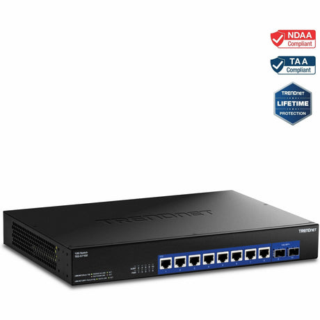 TRENDnet 10-Port 10G Unmanaged Switch, TEG-S7102, 8 x 10G RJ-45 Ports, 2 x 10G SFP+ Ports, 200Gbps Switching Capacity, Rackmount Design, Lifetime Protection, Black — TEG-S7102