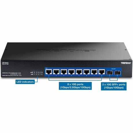 TRENDnet 10-Port 10G Unmanaged Switch, TEG-S7102, 8 x 10G RJ-45 Ports, 2 x 10G SFP+ Ports, 200Gbps Switching Capacity, Rackmount Design, Lifetime Protection, Black — TEG-S7102