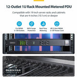 StarTech.com 12-Outlet Horizontal Rack Mount Metered PDU, 1U Server Power Strip w/Surge Protector, 125V/15A, 8ft (2.4m) Power Cord, TAA — 12NM8-RACK-MOUNT-PDU