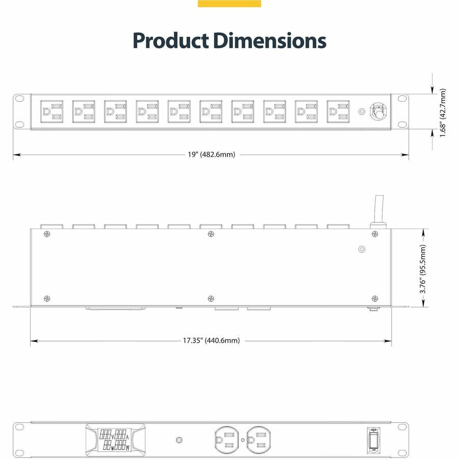 StarTech.com 12-Outlet Horizontal Rack Mount Metered PDU, 1U Server Power Strip w/Surge Protector, 125V/15A, 8ft (2.4m) Power Cord, TAA — 12NM8-RACK-MOUNT-PDU