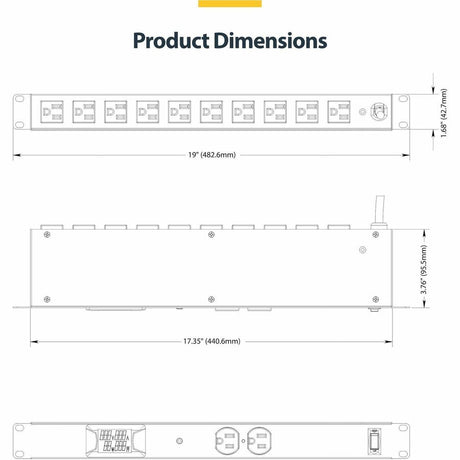 StarTech.com 12-Outlet Horizontal Rack Mount Metered PDU, 1U Server Power Strip w/Surge Protector, 125V/15A, 8ft (2.4m) Power Cord, TAA — 12NM8-RACK-MOUNT-PDU