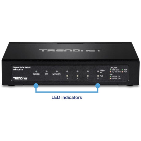 TRENDnet 6-port Gigabit Poe+ Switch; TPE-TG611; 4 X Gigabit Poe+ Ports; 1 X Gigabit Port; 1 X SFP Slot; Supports 100/1000Base-FX Fiber SFP Modules; Ethernet Desktop Network Switch; Lifetime Protection — TPE-TG611