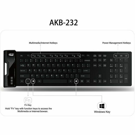 Adesso SlimTouch 232 Antimicrobial Waterproof Flex Keyboard (Full Size) — AKB-232UB
