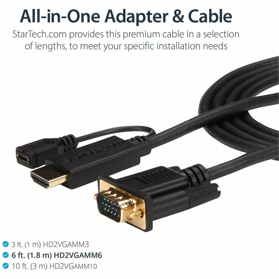 StarTech.com HDMI to VGA Cable - 6 ft / 2m - 1080p - 1920 x 1200 - Active HDMI Cable - Monitor Cable - Computer Cable — HD2VGAMM6