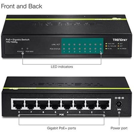 TRENDnet 8-Port Gigabit PoE+ Switch, TPE-TG80G, 8 x Gigabit PoE+ Ports, 123W PoE Power Budget, 16 Gbps, Ethernet Splitter, NDAA & TAA Compliant, Metal, Lifetime Protection, Black — TPE-TG80G