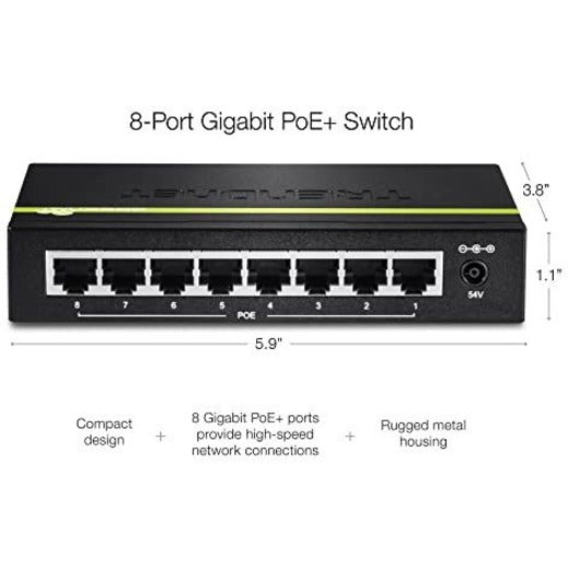 TRENDnet 8-Port Gigabit PoE+ Switch, TPE-TG80G, 8 x Gigabit PoE+ Ports, 123W PoE Power Budget, 16 Gbps, Ethernet Splitter, NDAA & TAA Compliant, Metal, Lifetime Protection, Black — TPE-TG80G