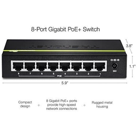 TRENDnet 8-Port Gigabit PoE+ Switch, TPE-TG80G, 8 x Gigabit PoE+ Ports, 123W PoE Power Budget, 16 Gbps, Ethernet Splitter, NDAA & TAA Compliant, Metal, Lifetime Protection, Black — TPE-TG80G
