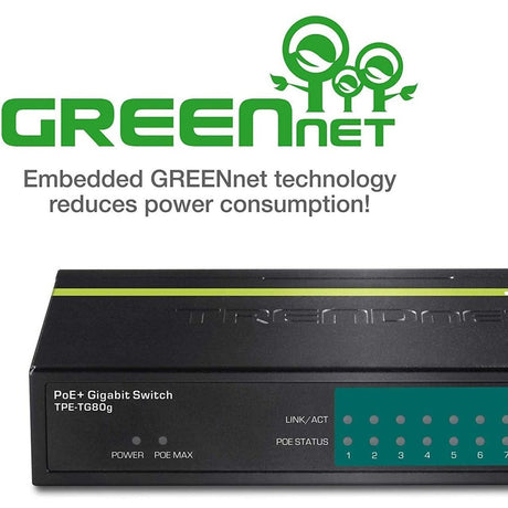 TRENDnet 8-Port Gigabit PoE+ Switch, TPE-TG80G, 8 x Gigabit PoE+ Ports, 123W PoE Power Budget, 16 Gbps, Ethernet Splitter, NDAA & TAA Compliant, Metal, Lifetime Protection, Black — TPE-TG80G