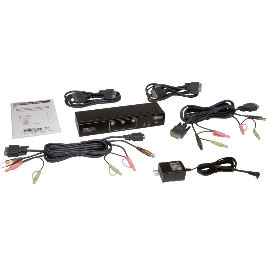 Eaton Tripp Lite Series 2-Port Dual Monitor DVI KVM Switch, TAA, GSA with Audio and USB 2.0 Hub, Cables included — B004-2DUA2-K