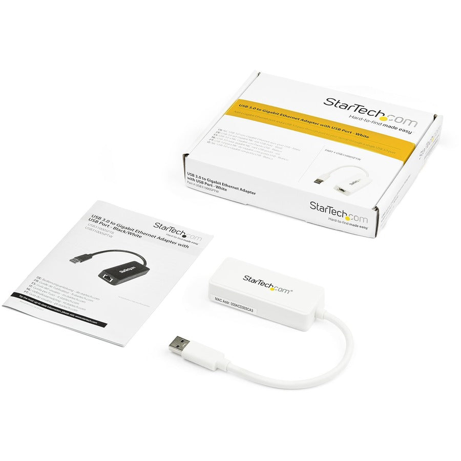 StarTech.com USB 3.0 to Gigabit Ethernet Adapter NIC w/ USB Port - White — USB31000SPTW