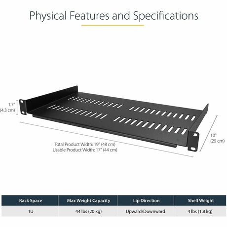 StarTech.com 1U Vented Server Rack Cabinet Shelf - Fixed 10in Deep Cantilever Rackmount Tray for 19" Data/AV/Network Enclosure w/Cage Nuts — CABSHELFV1U
