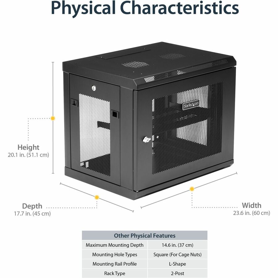 StarTech.com 2-Post 9U Wall Mount Network Cabinet, 19" Wall-Mounted Server Rack for Data / IT Equipment, Small Lockable Rack Enclosure — RK9WALM