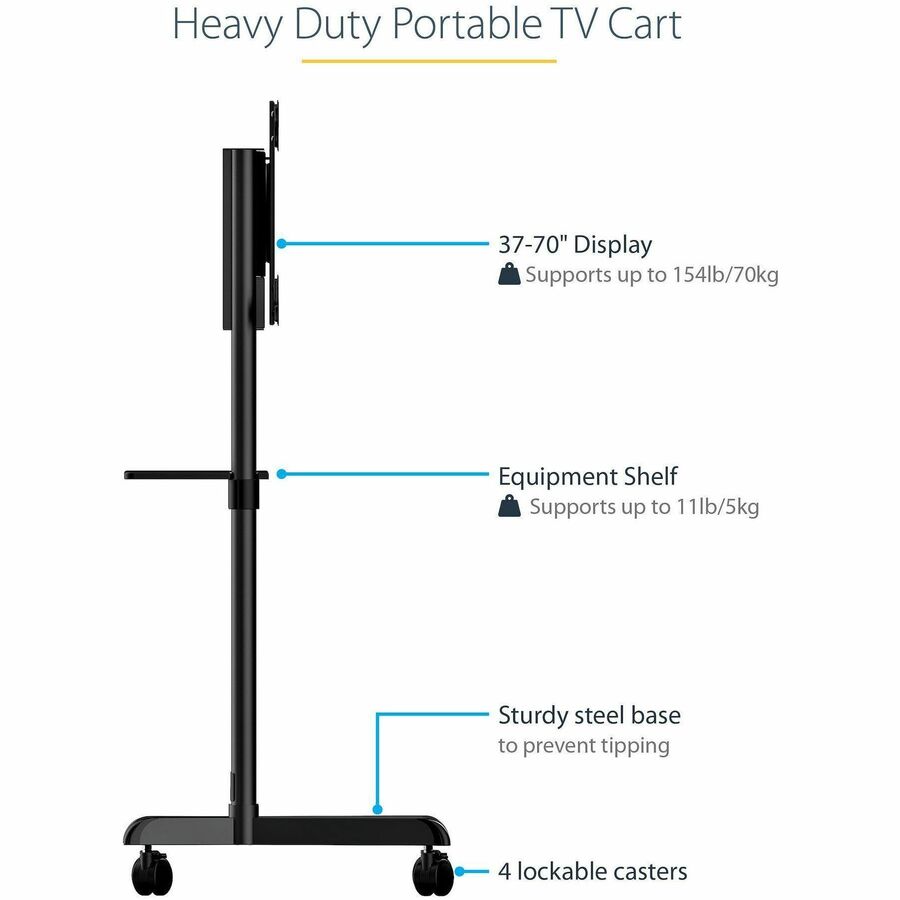 StarTech.com Mobile TV Cart, Portable Rolling TV Stand, 37-70 inch VESA Display Mount (154lb/70kg), Shelf & Storage, Rotate/Tilt Display — MBLTVSTNDEC