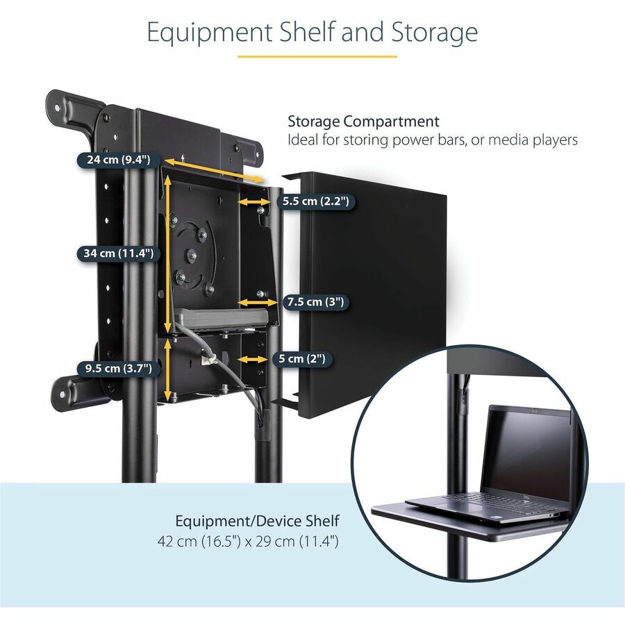 StarTech.com Mobile TV Cart, Portable Rolling TV Stand, 37-70 inch VESA Display Mount (154lb/70kg), Shelf & Storage, Rotate/Tilt Display — MBLTVSTNDEC