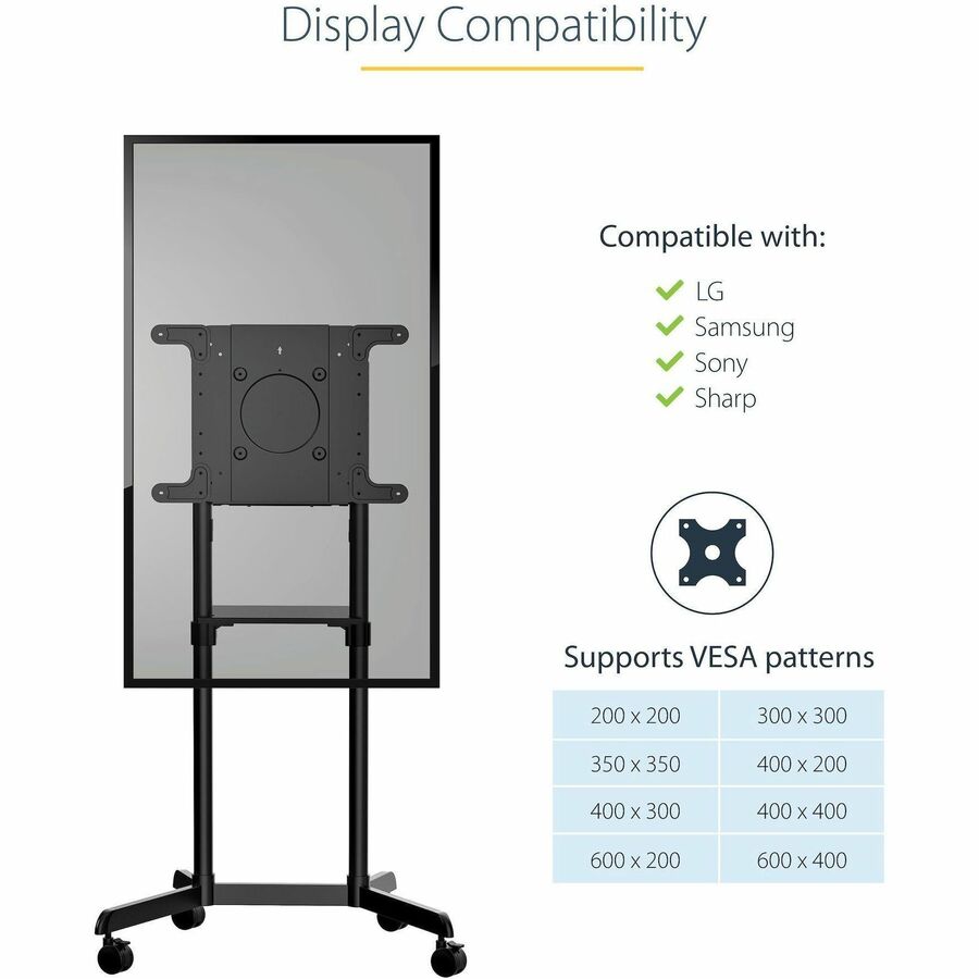 StarTech.com Mobile TV Cart, Portable Rolling TV Stand, 37-70 inch VESA Display Mount (154lb/70kg), Shelf & Storage, Rotate/Tilt Display — MBLTVSTNDEC
