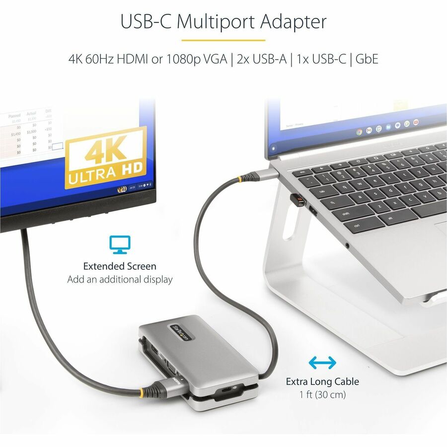 StarTech.com USB-C Multiport Adapter, HDMI/VGA, 4K 60Hz, 3-Port USB Hub, 100W PD Pass-Through, GbE, Mini Docking Station, 1ft/30cm Cable — DKT31CVHPD3