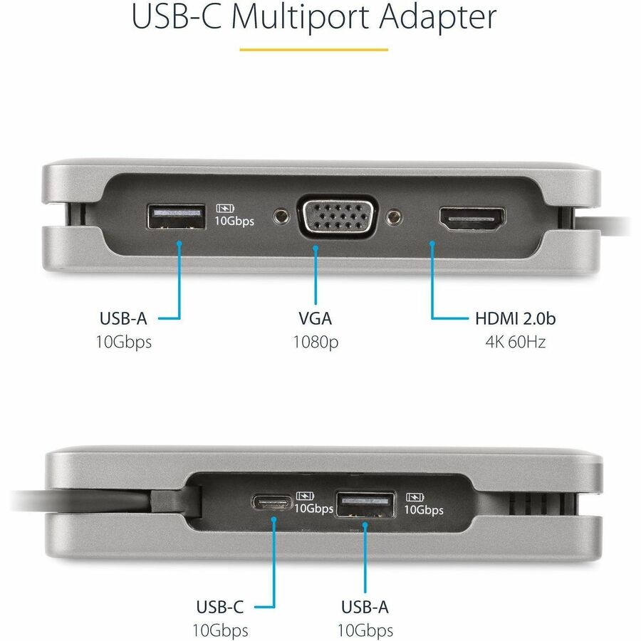 StarTech.com USB-C Multiport Adapter, HDMI/VGA, 4K 60Hz, 3-Port USB Hub, 100W PD Pass-Through, GbE, Mini Docking Station, 1ft/30cm Cable — DKT31CVHPD3