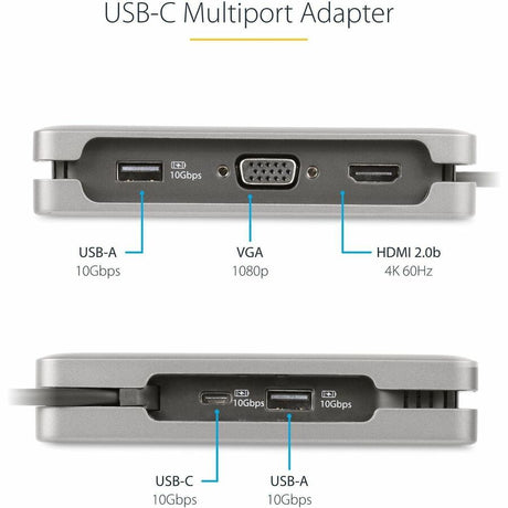 StarTech.com USB-C Multiport Adapter, HDMI/VGA, 4K 60Hz, 3-Port USB Hub, 100W PD Pass-Through, GbE, Mini Docking Station, 1ft/30cm Cable — DKT31CVHPD3