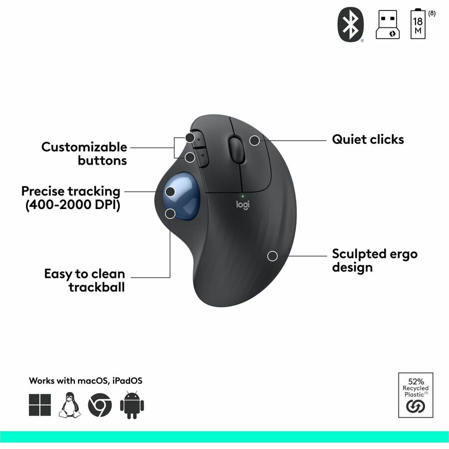 Logitech ERGO M575 Wireless Trackball Mouse for Business - Ergonomic Design, Logi Bolt, Bluetooth, Graphite — 910-006197
