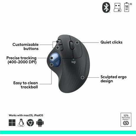 Logitech ERGO M575 Wireless Trackball Mouse for Business - Ergonomic Design, Logi Bolt, Bluetooth, Graphite — 910-006197