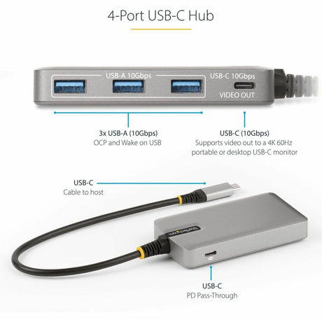StarTech.com 4-Port USB-C Hub with USB-C DP Alt Mode Video Output, 3x USB-A, 1x USB-C, 100W Power Delivery Pass-Through, USB 3.2 10Gbps — HB31C3A1CDPPD3