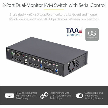 StarTech.com 2-Port Dual-Monitor DisplayPort KVM Switch, RS232 Serial Control, 4K 60Hz, 2x USB 5Gbps Hub Ports, TAA Compliant — P2DD46A22-KVM-SWITCH