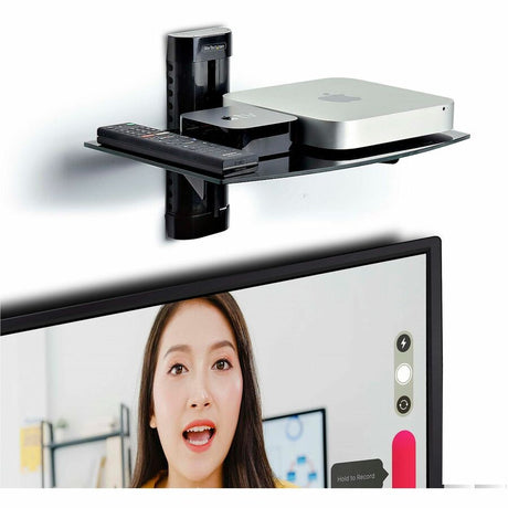 StarTech.com Floating Wall-Mounted AV Shelf, Adjustable Height Shelf For Under TV A/V Equipment, Black Tempered Glass Shelf — 1B-WALL-MOUNT-SHELF