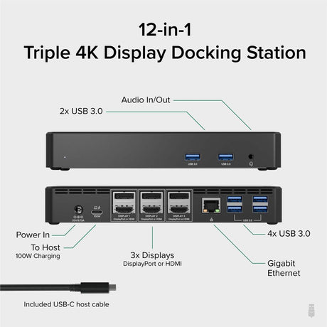 Plugable 12-in-1 USB C Triple Monitor Docking Station, Triple 4K Displays with 3X HDMI or 3X DisplayPort — UD-6950PDZ