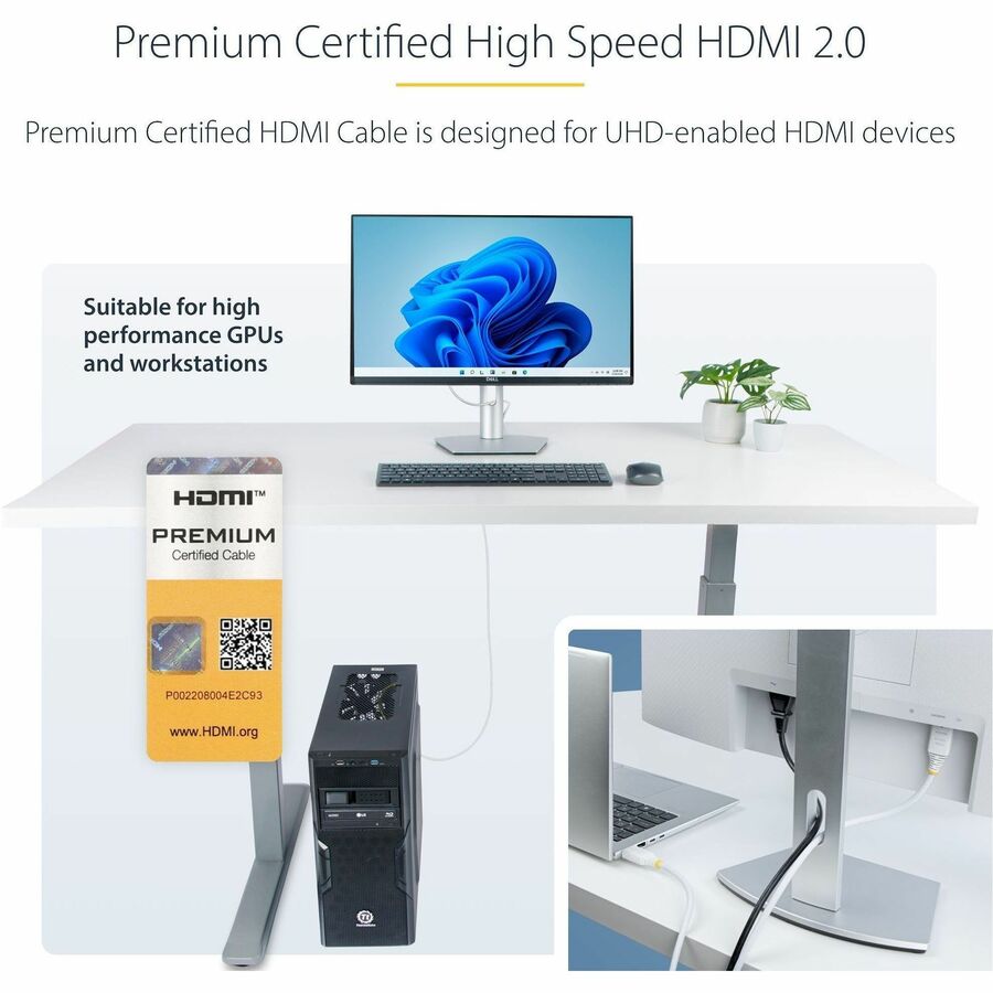 StarTech.com 6ft (1.8m) Premium Certified High Speed HDMI Cable, 4K 60Hz/1440p 144Hz, 18Gbps, UHD HDMI 2.0 Cord, TPE Jacket, White — HDMI2-CABLE-4K60-6FW