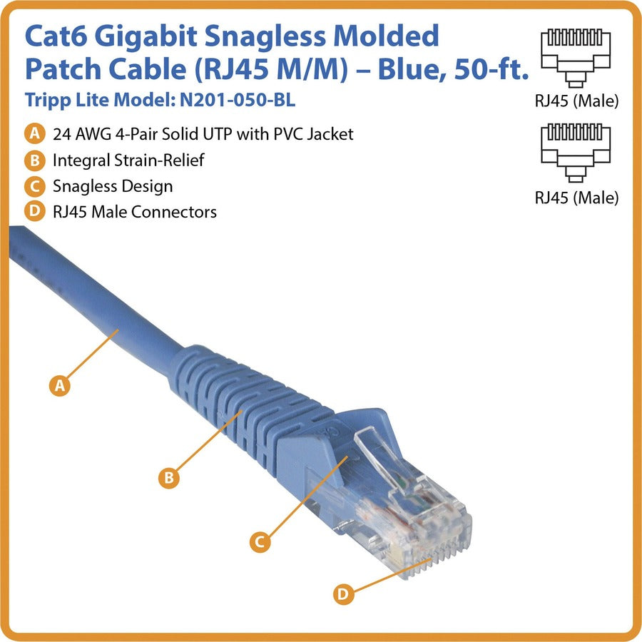 Eaton Tripp Lite Series Cat6 Gigabit Snagless Molded (UTP) Ethernet Cable (RJ45 M/M), PoE, Blue, 50 ft. (15.24 m) — N201-050-BL