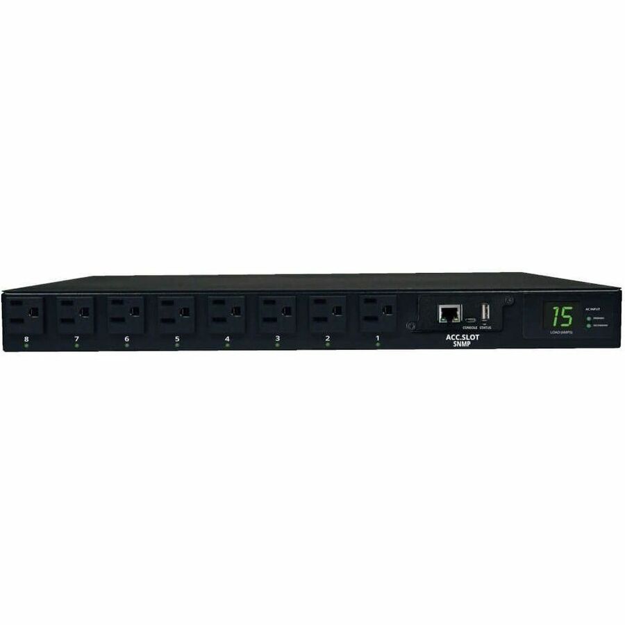 Eaton Tripp Lite Series 1.4kW Single-Phase Switched Automatic Transfer Switch PDU, 2 120V 5-15P 15A Inputs, 8 5-15R Outputs, 1U, TAA — PDUMH15ATNET
